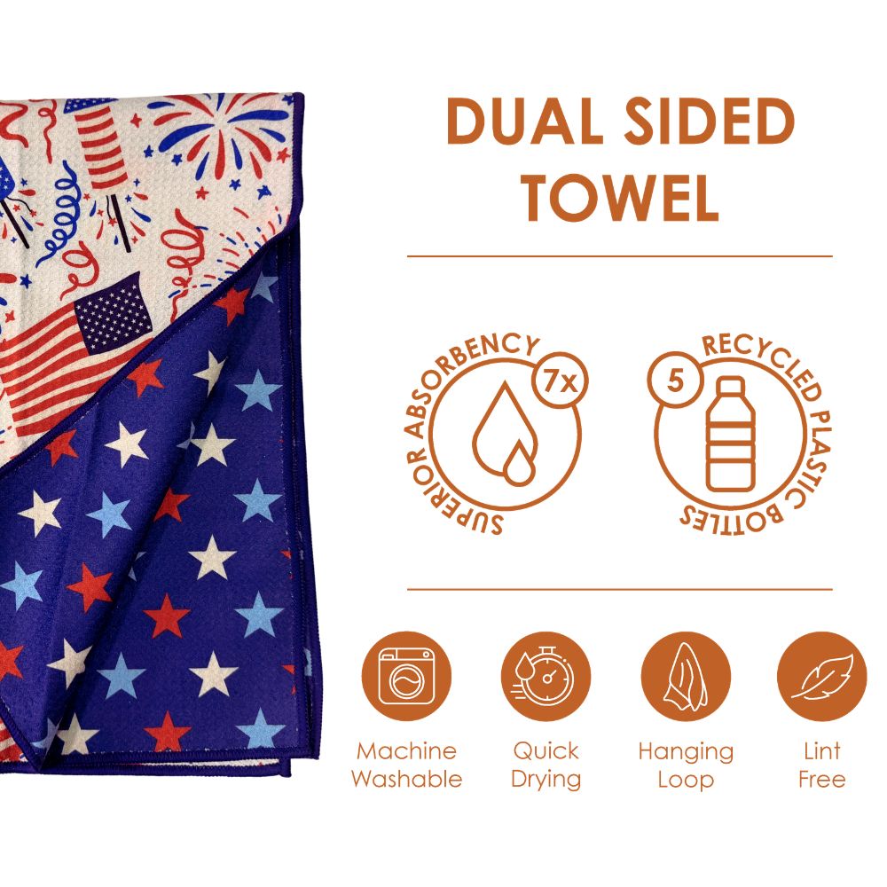 Dual-sided towel with American flag design on one side and blue star pattern on the other, featuring sustainability icons and text.