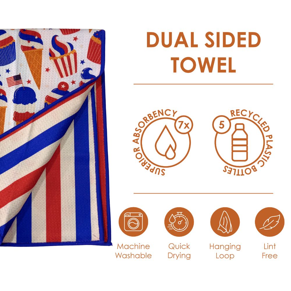 Dual-sided towel with colorful design on one side and stripes on the other, featuring sustainability icons and text.