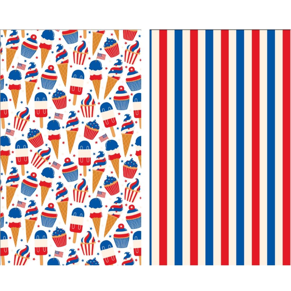 Two patterned designs side by side on a kitchen towel in white background. One design features  4th of July ice cream cones, cupcakes, and flags, while the other has red and blue vertical stripes.