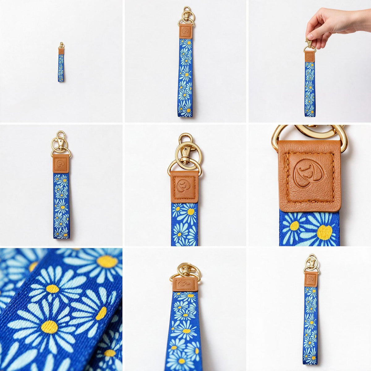 Trendy Hands-free keychain wristlet - BLUE DAISY